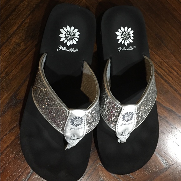 yellow box glitter flip flops